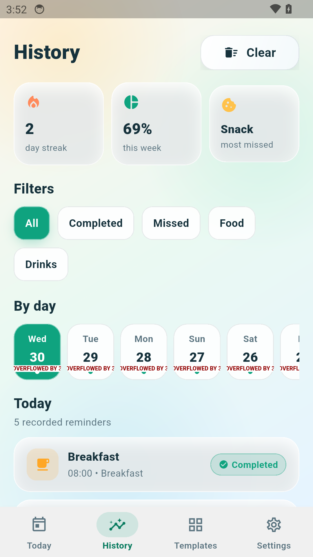 History view in Meal Reminder Pro