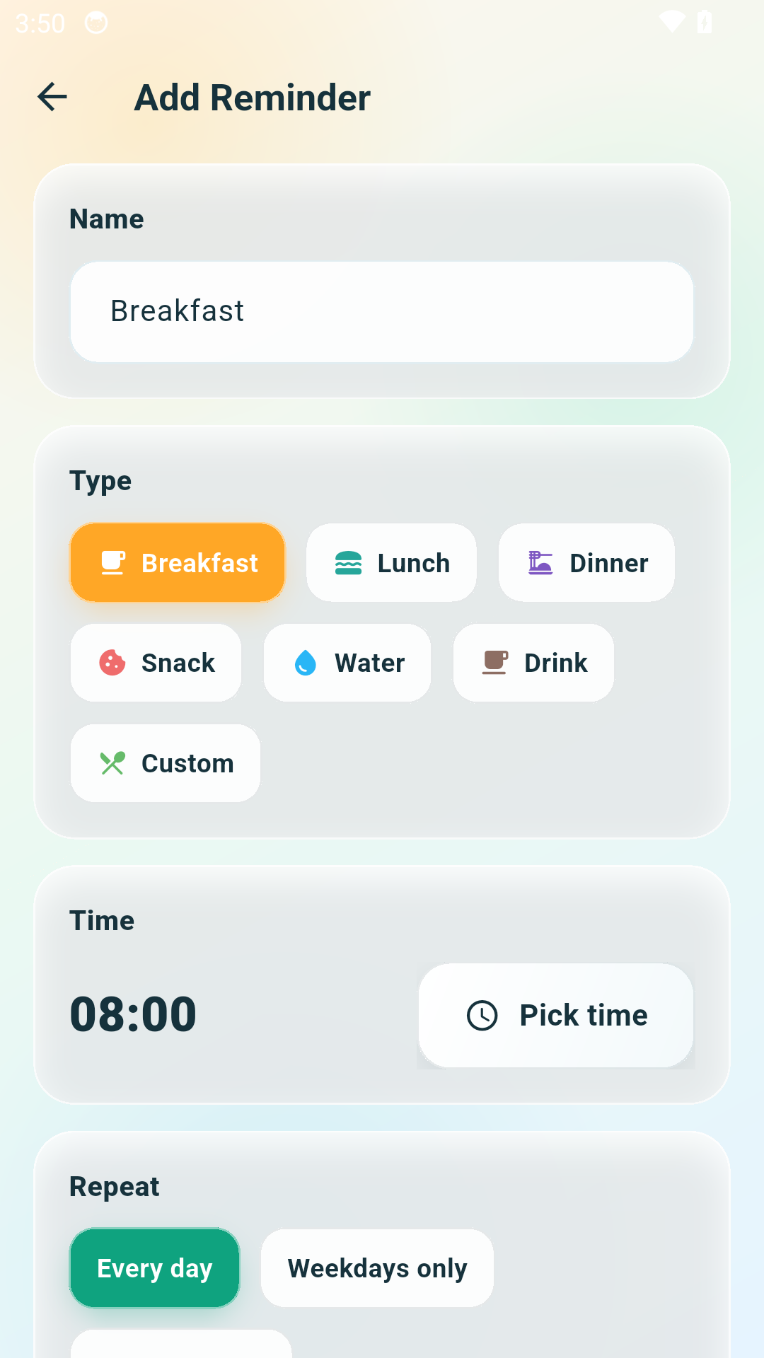 Create a reminder in Meal Reminder Pro